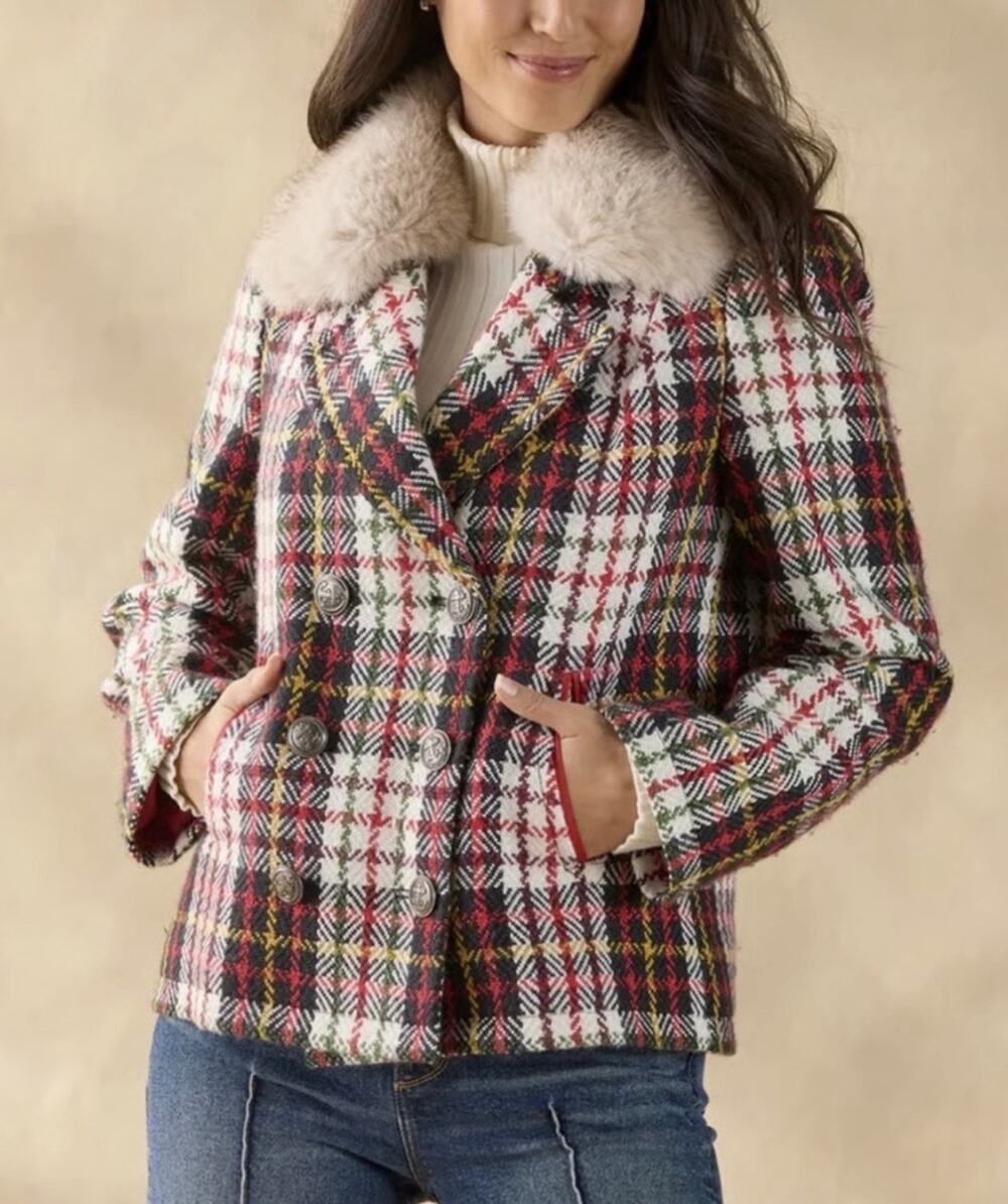 Sundance Alpenhorn Plaid Textured Wool Blend Pea Coat Faux Fur Collar Sz S EUC